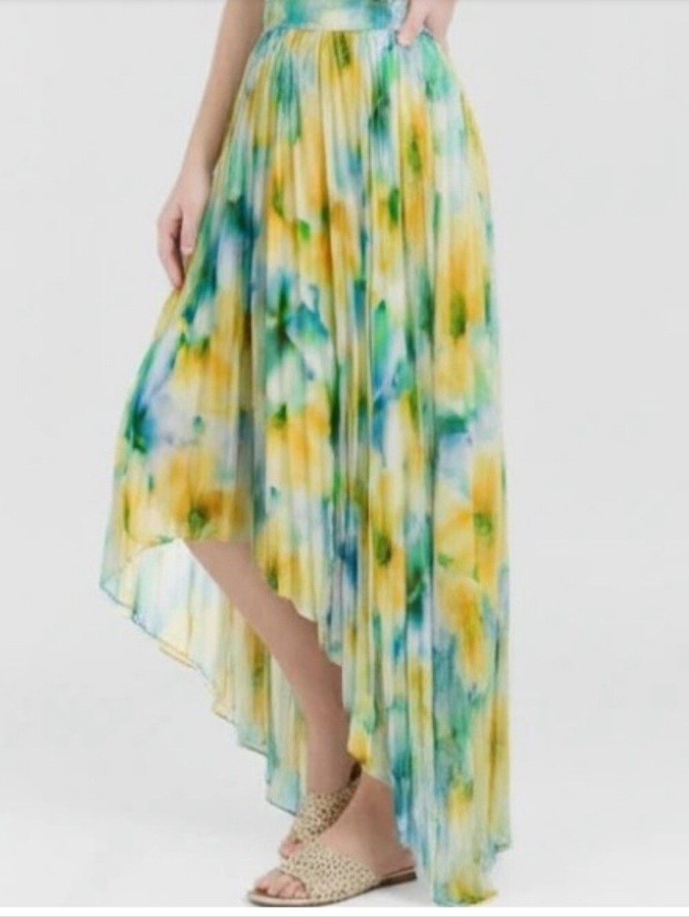 MISA Floral Assymetrical Pleated Maxi Skirt in Blue & Yellow Size NWT